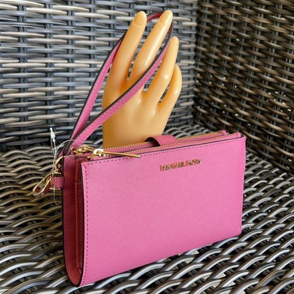 Michael Kors Jet Set Travel Large Double Zip Wristlet Wallet Rosewood Leather - Picture 1 of 16